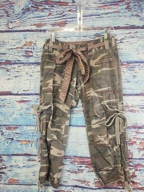 Miss Me Olive Green Camo Cargo Pants with Utility Ties